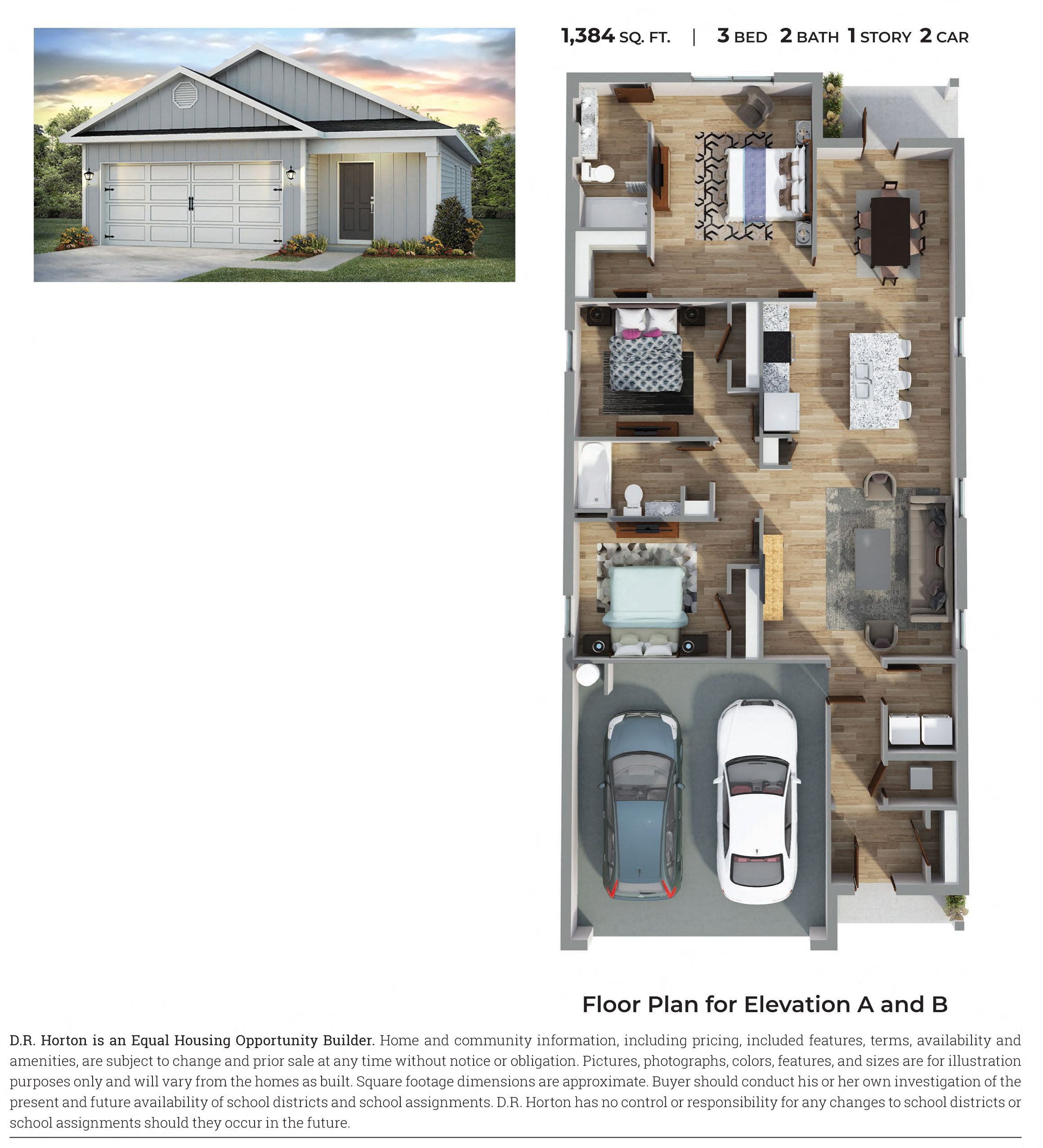Floor plan for 3 beds, 2 baths, 1384 sqft